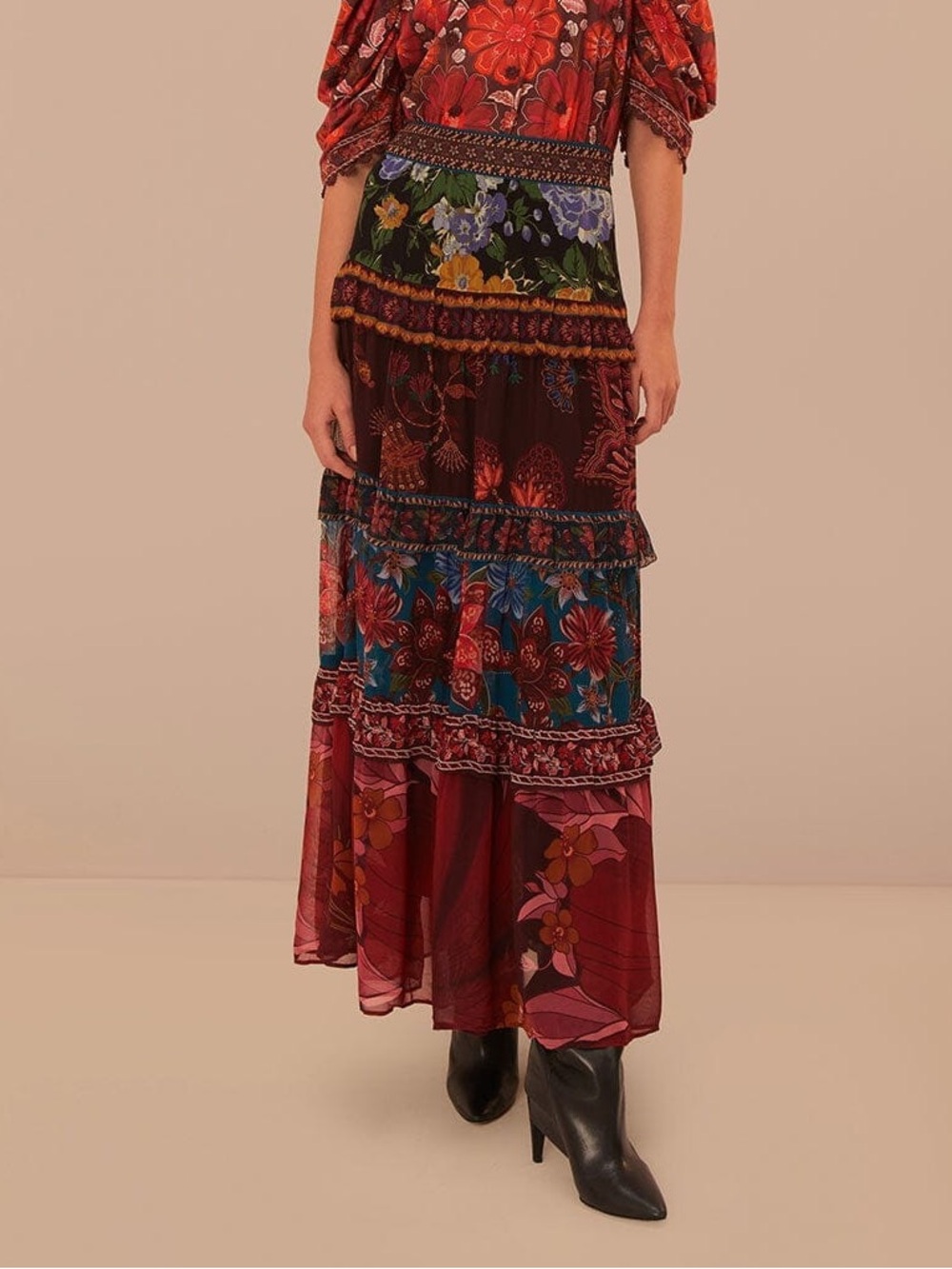 Farm Rio Floral Mix Ruffle Maxi Skirt